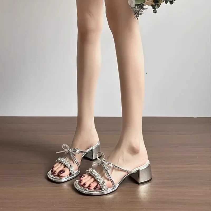 Crystal Square Toe Slippers High Heels Shoes Bow Women Sandals 2025 New Summer Party Pumps Shallow Dress K260311