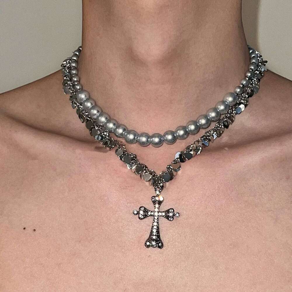 Free Shipping Cross Necklace for Women Men Jewelry Titanium Steel Double Layer Stacked Choker Grey Pearl Sequin Beaded Pendant Necklace Personality Ve
