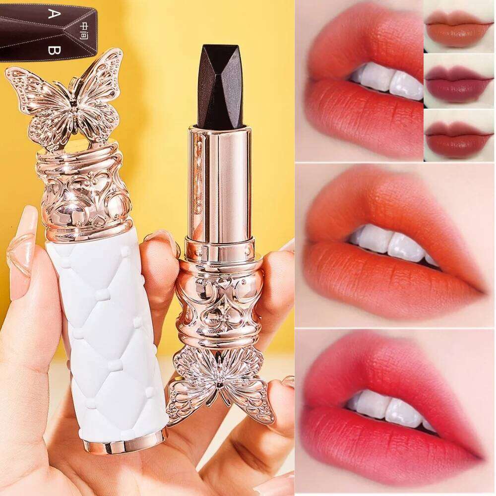 Single-color matte velvet butterfly lipstick with a three-color finish that stays on and doesn't transfer to cups. W260311