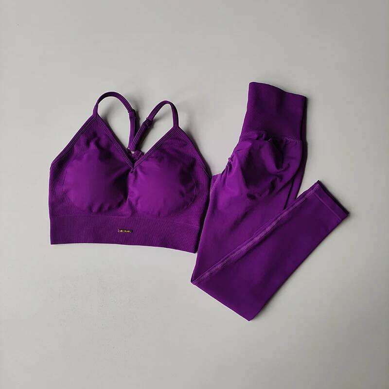 Seamless Hip Lifting Fitness Women's V-neck Bra Leggings Yoga Set Quick Drying Exercise Iron Massage High Fat Tight Pants 26H0311