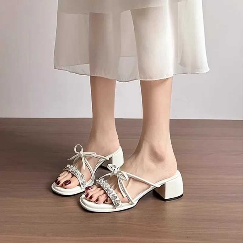 Crystal Square Toe Slippers High Heels Shoes Bow Women Sandals 2025 New Summer Party Pumps Shallow Dress K260311