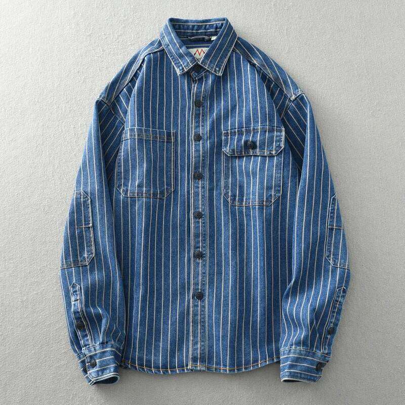 Heavy vintage washed vertical stripe denim men's loose size cotton long sleeve shirt jacket 26H0311