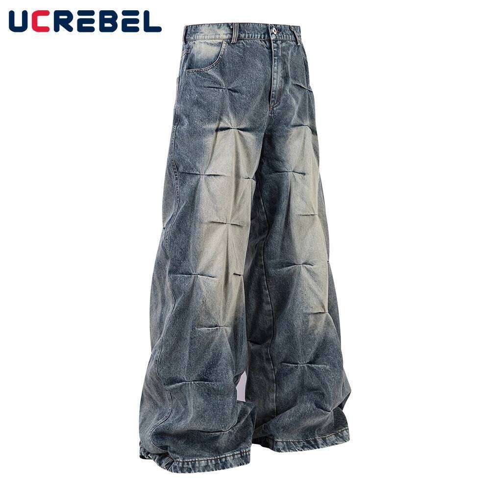 Pleated Washed Distressed Jeans Mens Retro High Street Pocket Loose Wide Leg Denim Pants Men Trousers Z260225