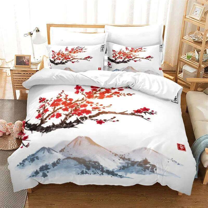 Ink Painting Duvet Japanese Style Mount Fuji Comforter Cover Red Cherry Blossoms Print Bedding Set For Adults Teens Girls H260311