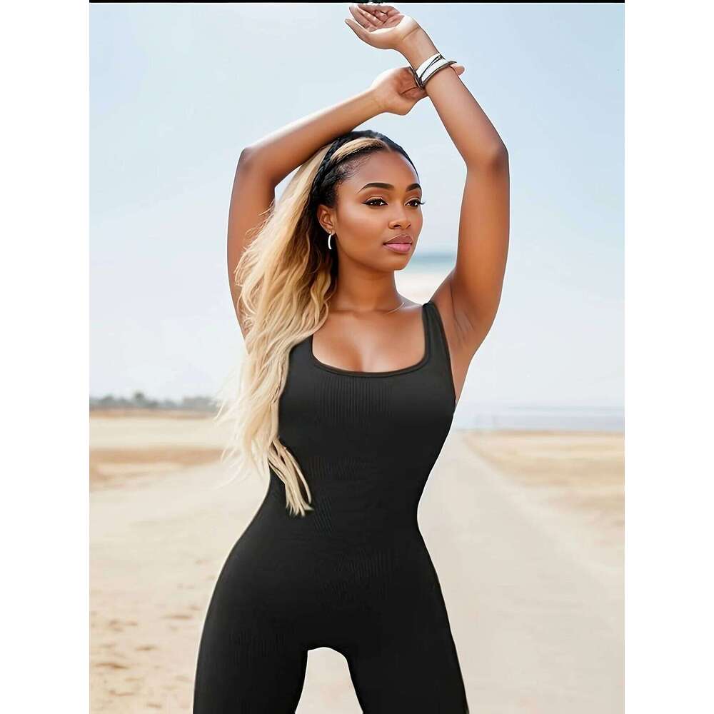 Women Workout Seamless Jumpsuit Yoga Ribbed Bodycon One Piece Square Neck Leggings Romper 26H0310