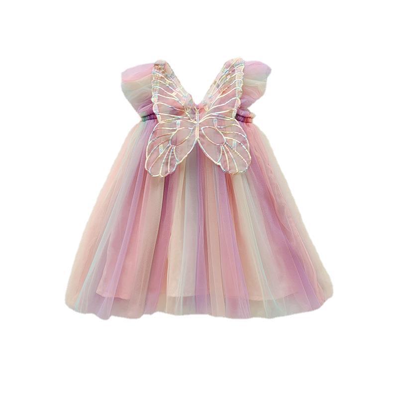 Girl Butterfly Wing Tulle Dress, Toddler Rainbow Princess Tutu for Birthday Party
