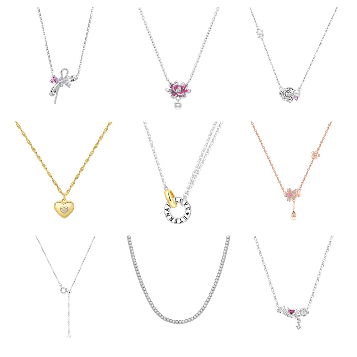 Rose, Pearl, Cherry Blossom, Heart, Butterfly Necklace, Tennis Chain, Luxurious and Sophisticated, Versatile Silver Women's Jewelry, Fashion Accessory.