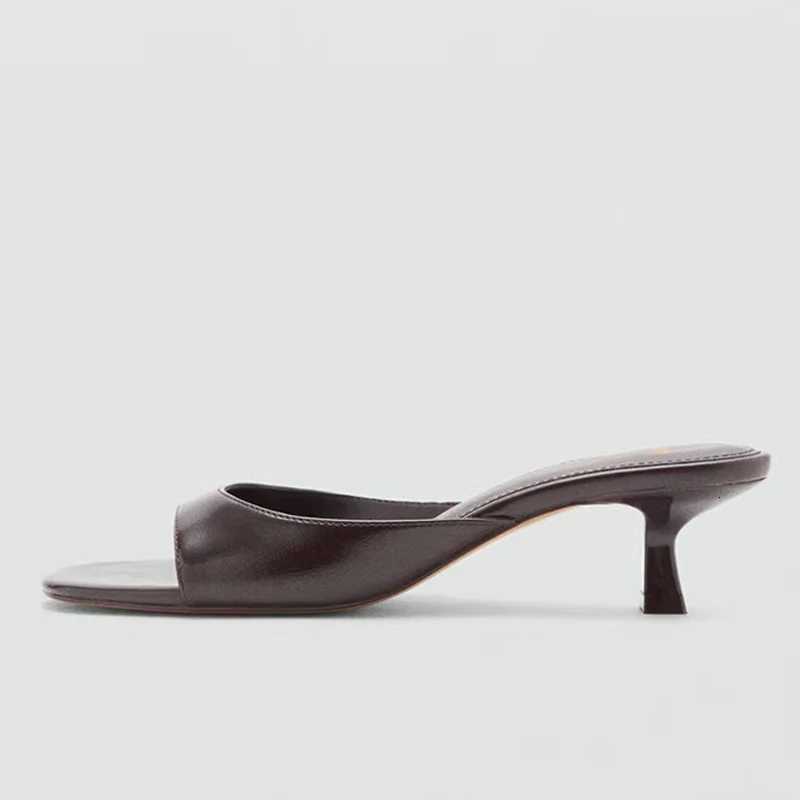 Liyke Brown Leather Designer Slides Women Beach Party Shoes Low Thin Heels Slippers Summer Square Toe Gladiator Sandals K260311