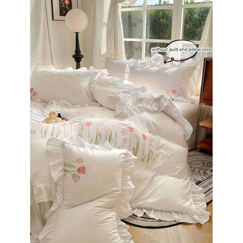Size Comforter cover Set, 3 PCS tulip embroidery with ruffles Pattern, Soft All Season King Bedding Set H260311