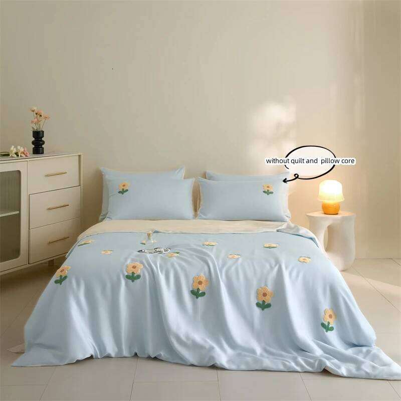 3pcs Blue Duvet Set 1*Duvet Cover + 2*Pillowcase, Without Core,Sun flowers embroidery Bedding Set, Soft Comfortable H260311