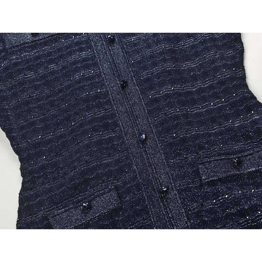 Long Waist-Cinching Sequin Dress Elegant French Style 2026 New Navy Blue Fit Dresses Women Party Round Neck Short-Sleeved Gown Mdng260311