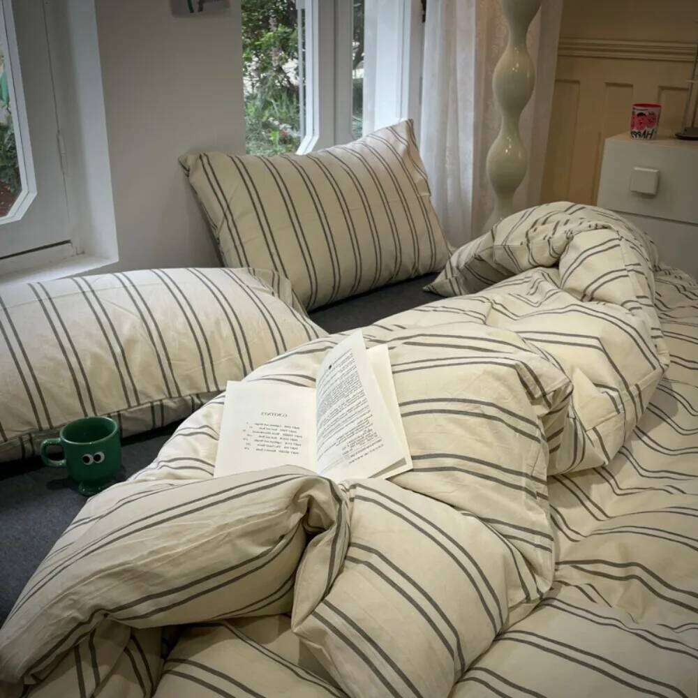 Reversible Striped Duvet 3pcs Home Bedding Set,Geometric Lines Comforter Polyester Quilt Cover with 2 Pillowcases H260311