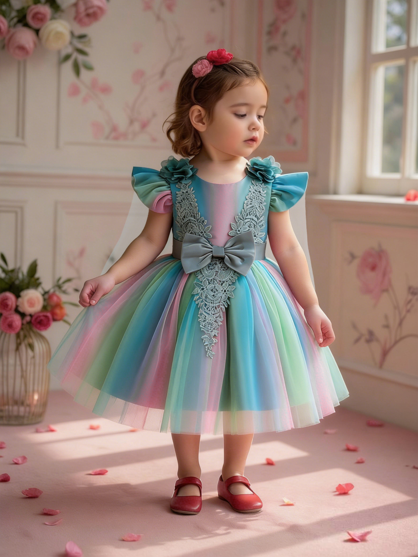 Girls Toddler Green Rainbow Tulle Princess Dress Kids Lace Bow Back Wedding Party Gown Children Formal Evening Prom Dress for Birthday Pageant Photo S