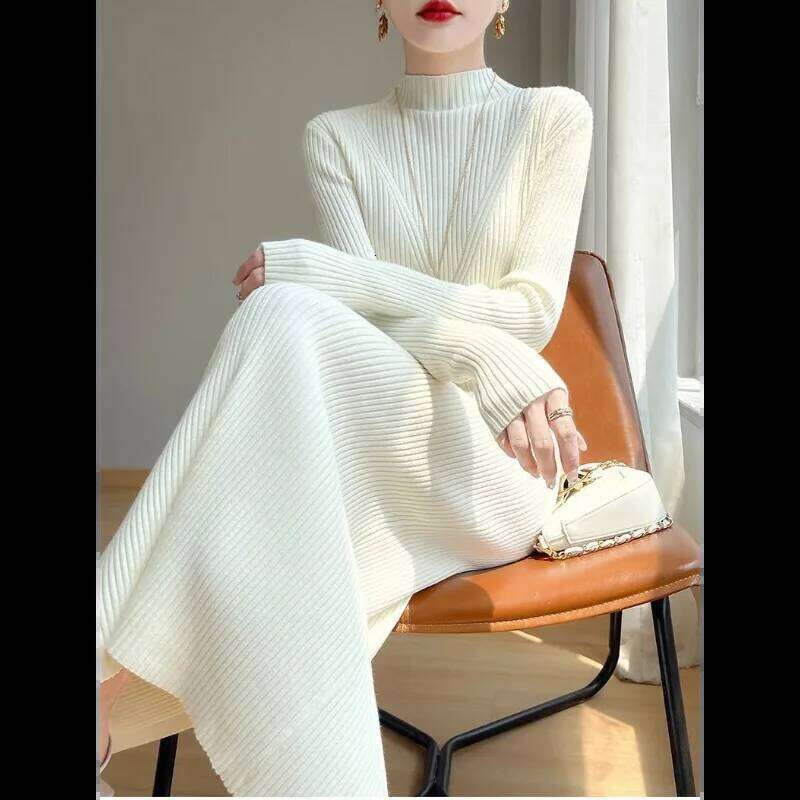 New Autumn Winter Dress Half Turtleneck High-end Inner Layer Bottoming Knitted Sweater Long Skirt for Women Z260311