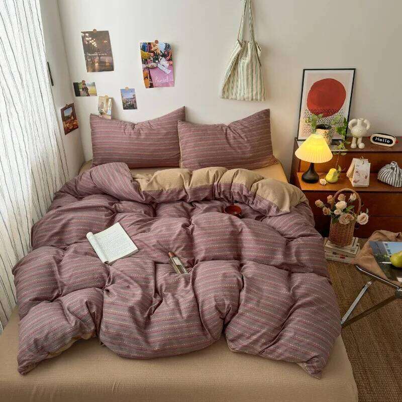 New plaid printing retro cloud double-layer yarn four-piece set, bedding, student dormitory single 3-piece set H260311 - view 3