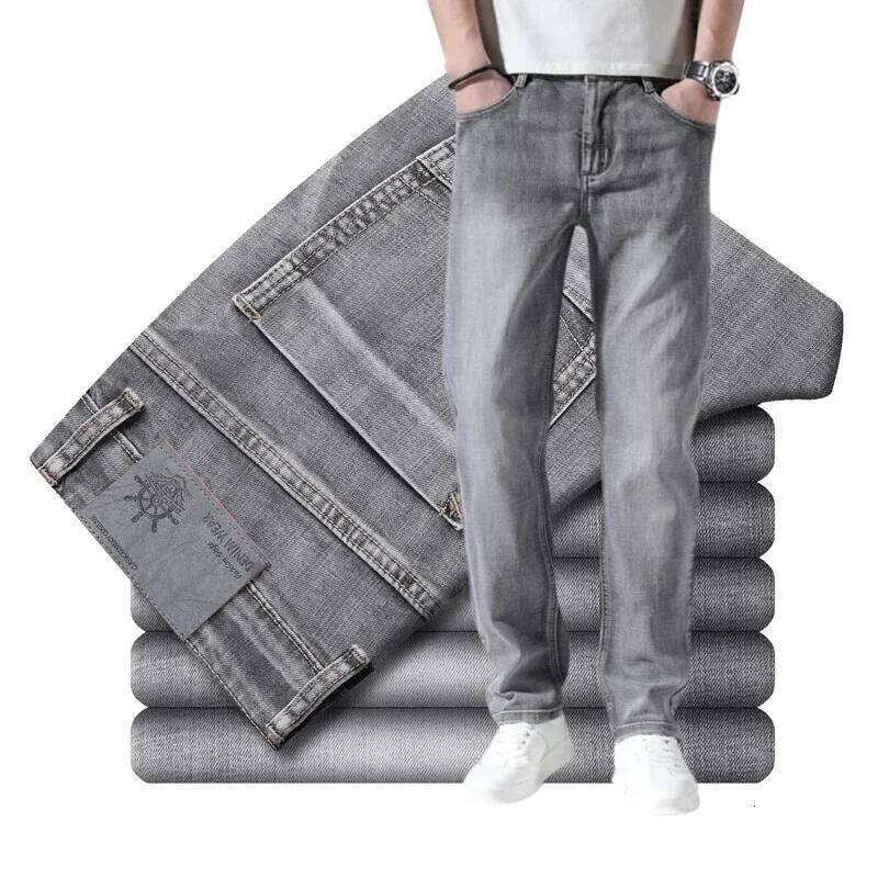 Cotton Stretch Business Casual Men's Thin Denim Jeans Grey Spring Summer Brand New Fit Straight Lightweight Z260225