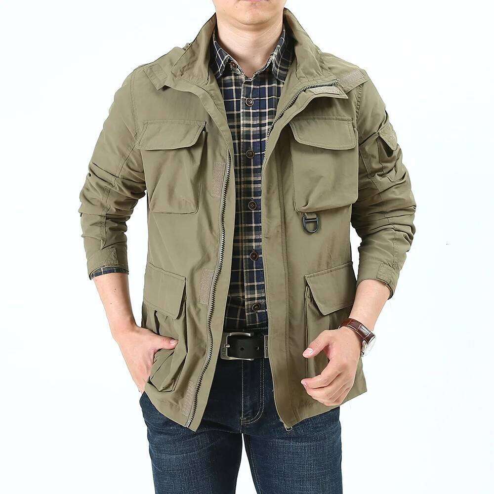 Men's Detachable Hat Windbreaker Jacket Spring Autumn Windproof Waterproof Multi-Pocket Outdoor Fashionable Workwear 26H0311