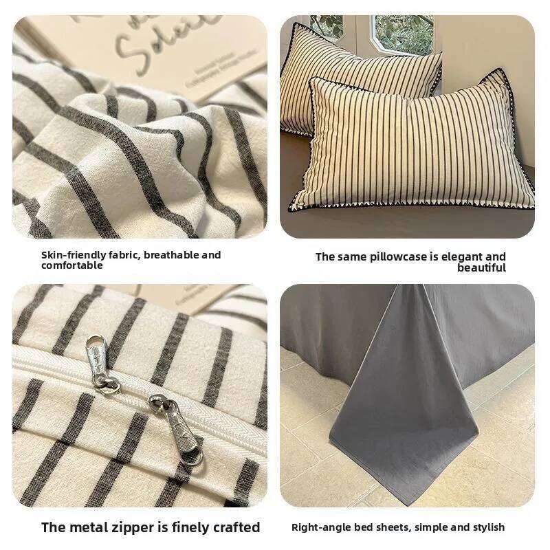 Linen Duvet Cover Set Sheets Comforter Sets Simple Striped Washed Cotton Bed Four-piece Bedding for All Seasons H260311
