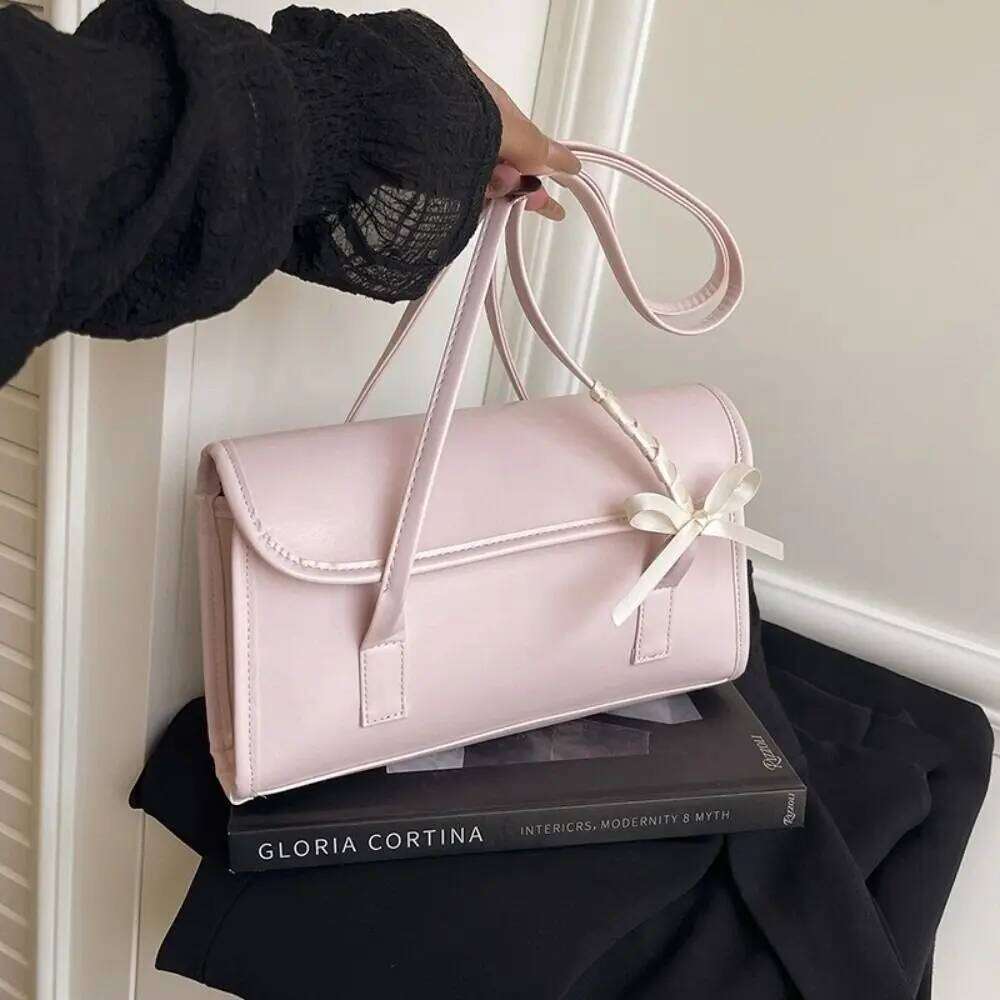 Trendy Sweet Y2k Bow Ribbons Shoulder Bag Large Capacity Portable Girls Handbag Solid Color Pu Leather Underarm Travel XJ260311