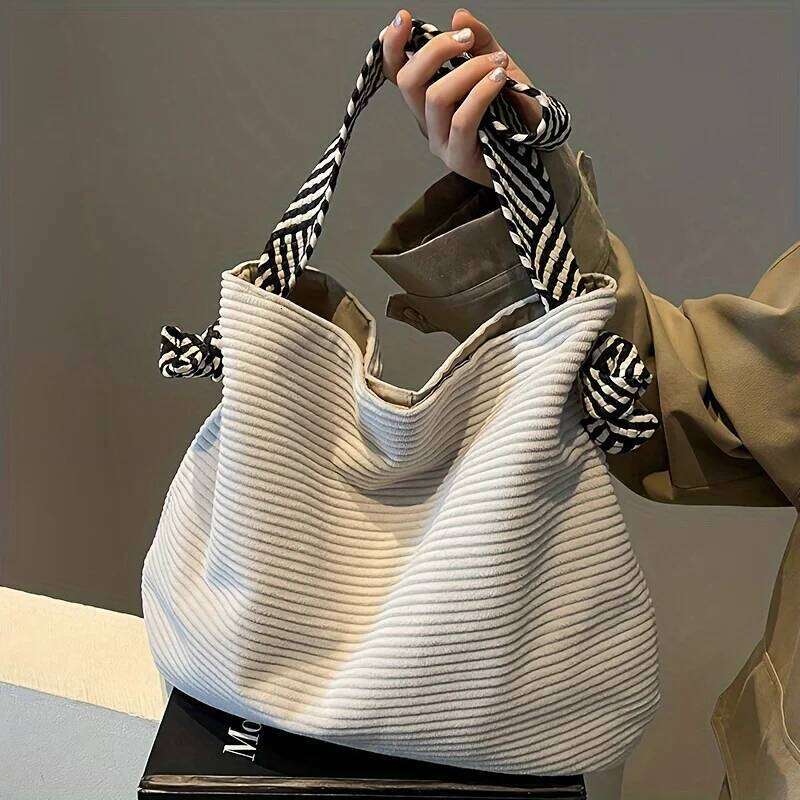 Large Capacity Corduroy Tote Women's Fashion Casual Handbag Shoulder Bag, Daily Commute Coin Shopping Phone Pouch XJ260311