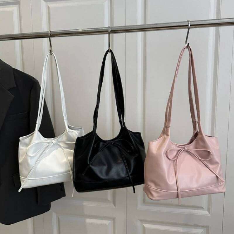 Sweet Bow Women Commuter Shoulder Bags Candy Color Large Capacity Ladies Handbags Simple Pu Leather Female Bucket Tote Bag XJ260311