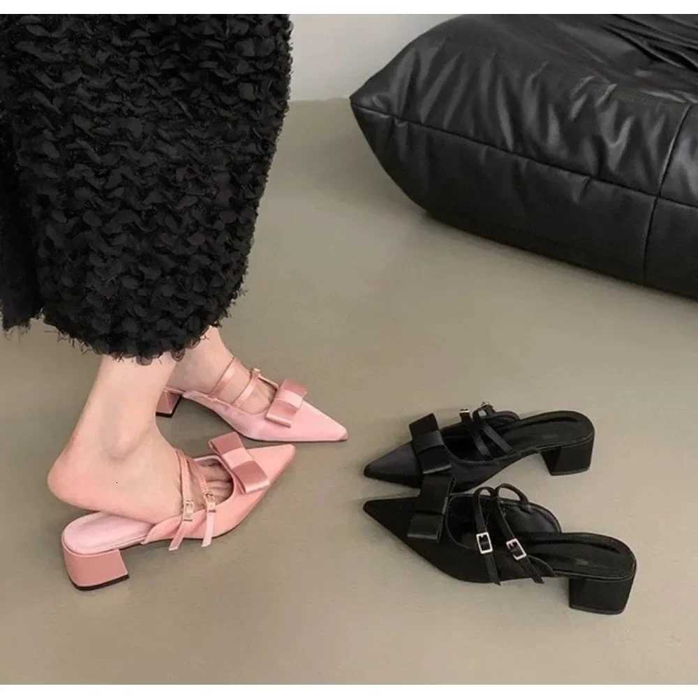 New Silk Bowknot Pointed Toe Women Sweet Elegant Mid Heel Slingbacks Shoes Female Slides Fashion Designer Sandals K260311