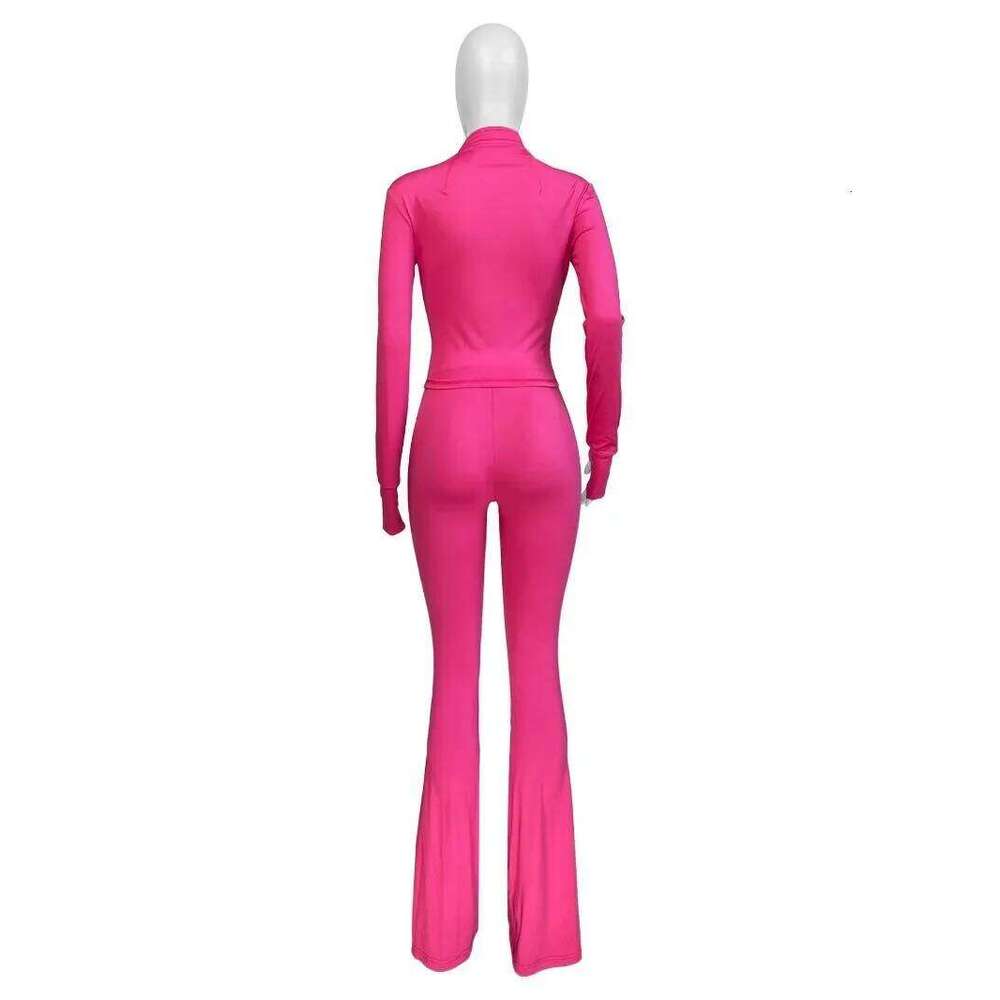 Women Solid Fitness 2 Piece Set Tracksuits Zipper Long Sleeve s Top + High Waist Flare Pants Slim Casual Suits Streetwear 26H0311