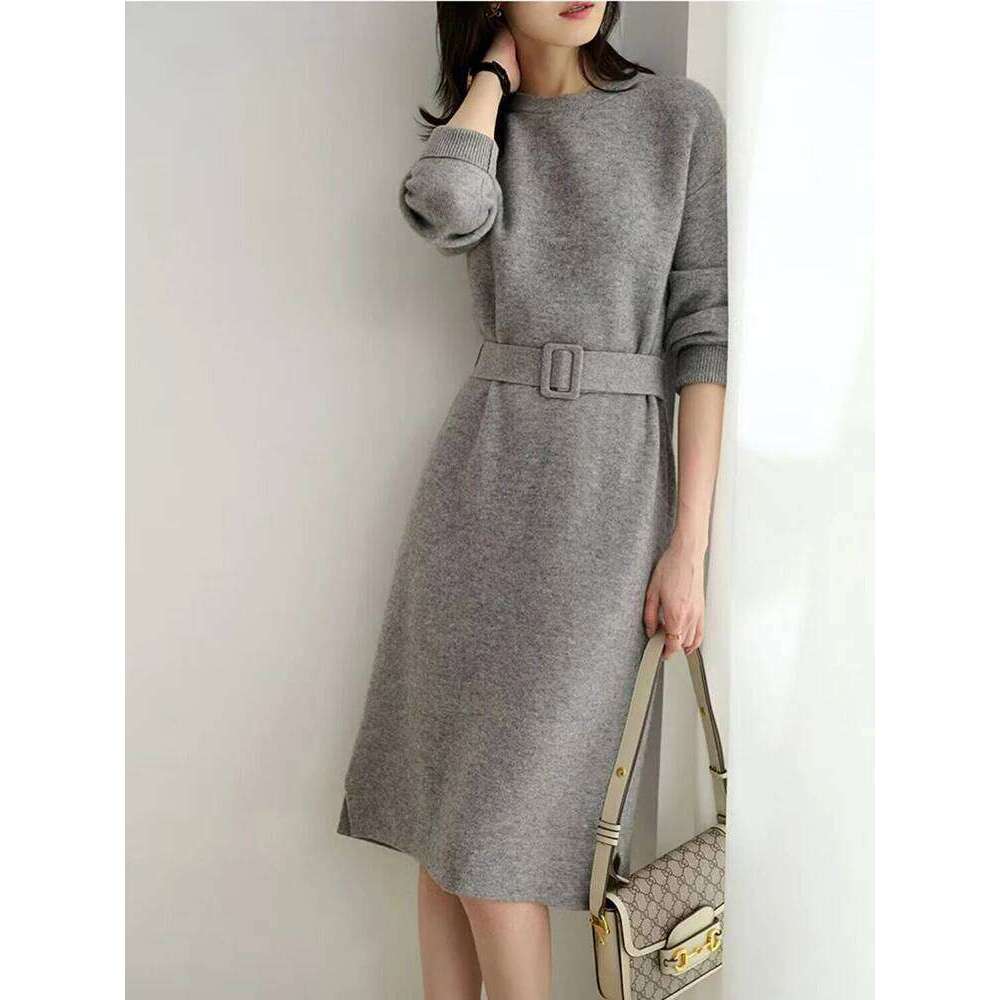 Autumn Winter Knitted 2023 O-Neck Long Sleeve Party Midi Dress for Women Elegant Pink Gray A-line Sweater Dresses Ladies Z260311