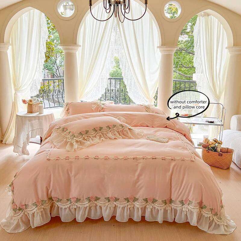 3-Piece Sheet Pink Lace Duvet Cover Set, Comfortable Bedding Set Bedspread for All Seasons H260311