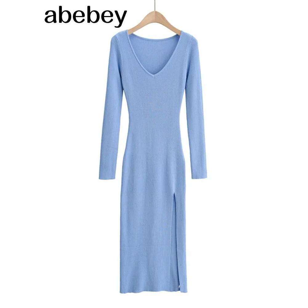 2026 New Basic Fashion Women Elastic Solid Elegant V Neck Sweater Sleeve Ladies Side Open Midi Long Dress Z260311