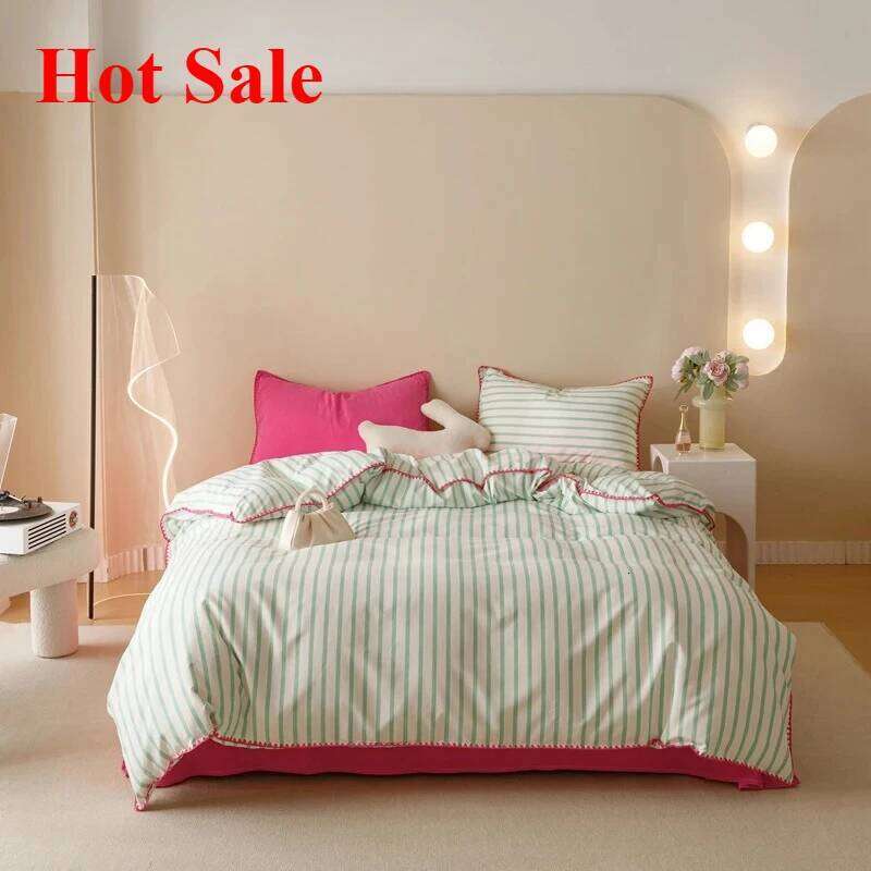 Hot Sale Stripe Collision Shell Embroidery Student Dormitory Solid Color Four Piece Set H260311