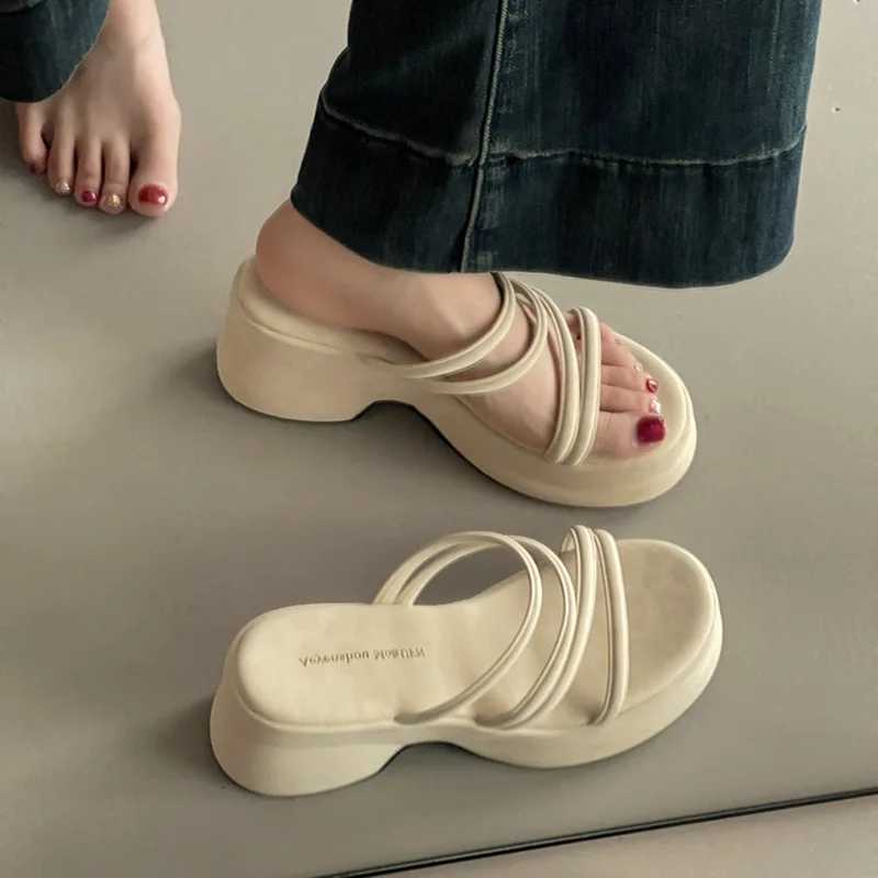 Summer Platform Heel Women Fashion Open Toe Narrow Band Slide Ladies Elegant Street Style Shoes Fashion Sandals Slides K260311