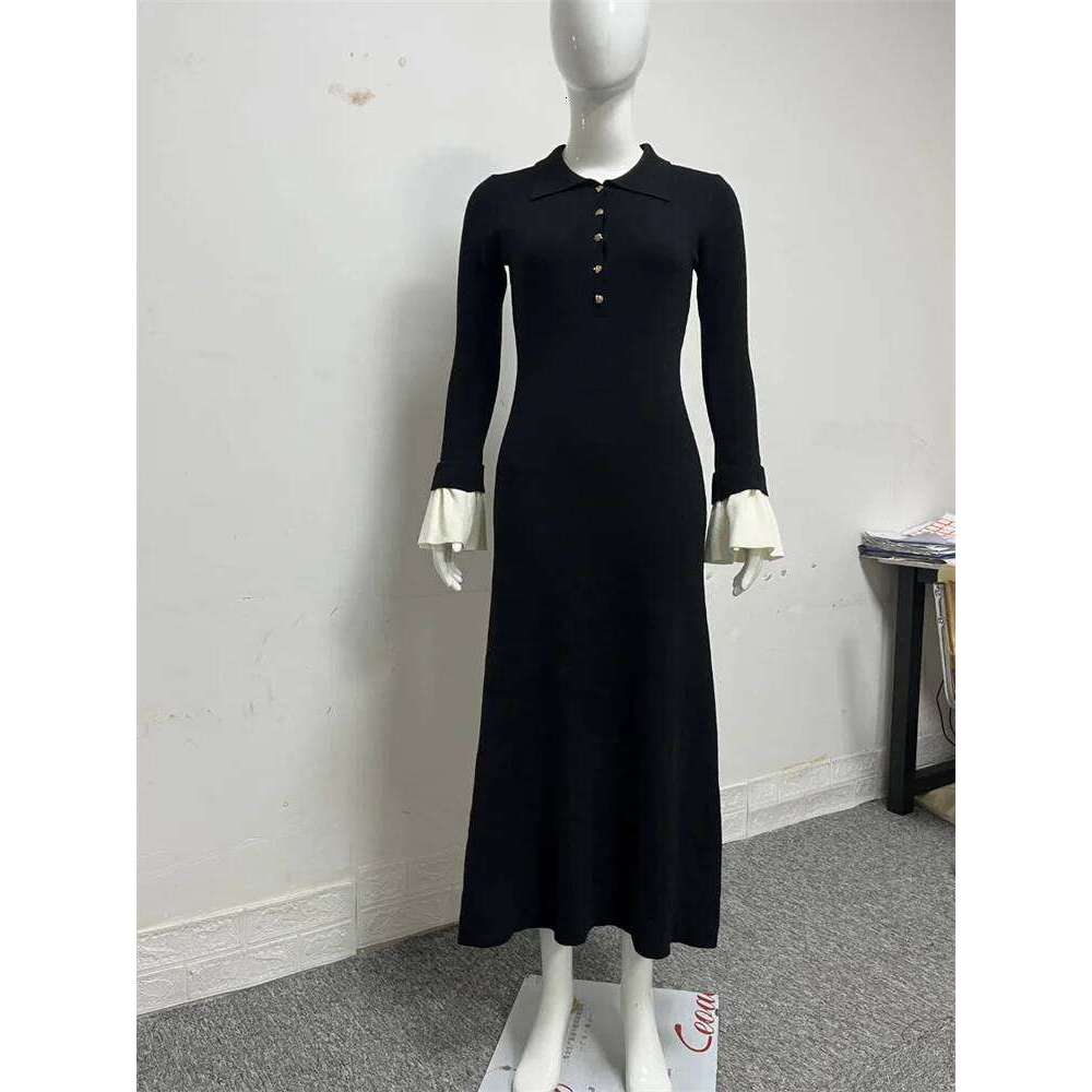 Tossy Female Ruffled Knitwear Long Fashion Patchwork Slim Contrast Lapel Casual Party Gown Women's Knit Maxi Dress Z260311