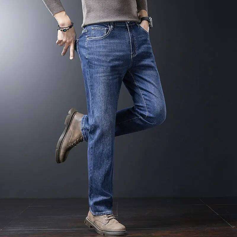 Men's Soft Stretch Straight Jeans Business Casual Slim Fit Wash Denim Pants Korean Fashion Blue Gray Male Brand Trousers Z260225