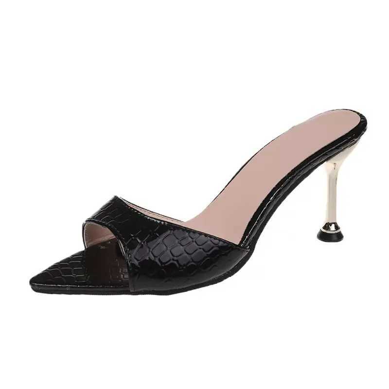 Glamorous Crocodile Texture High Heel Sandals - Chic Slip-On Stilettos with Pointy Peep Toe for Fashion-Forward Parties Banquets K260311