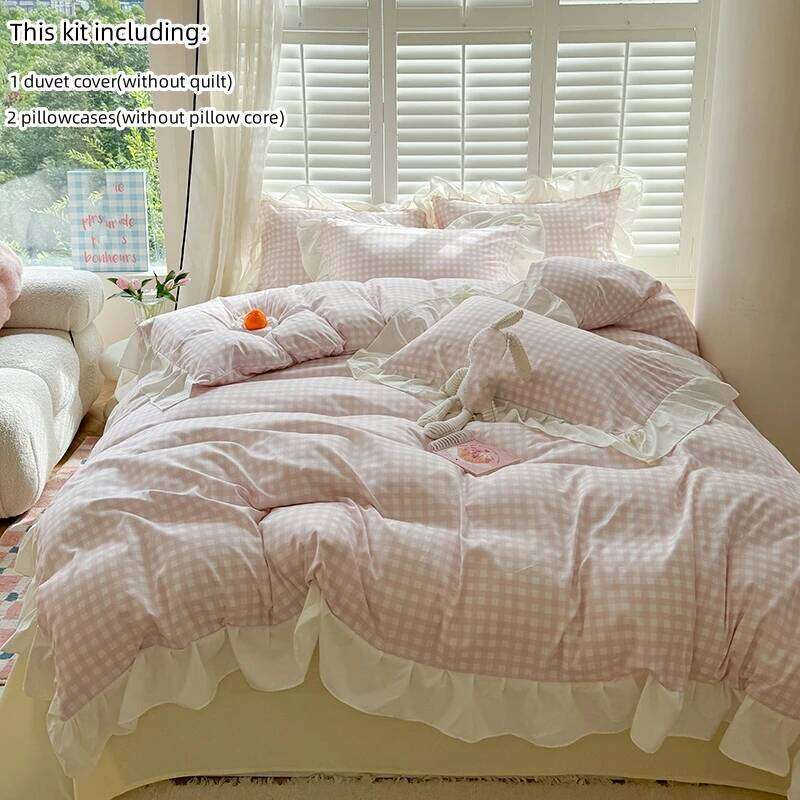 3pcs Korean lace Duvet 1*Duvet Cover + 2*Pillowcase, Without Core, Pink checkered print Bedding Set H260311