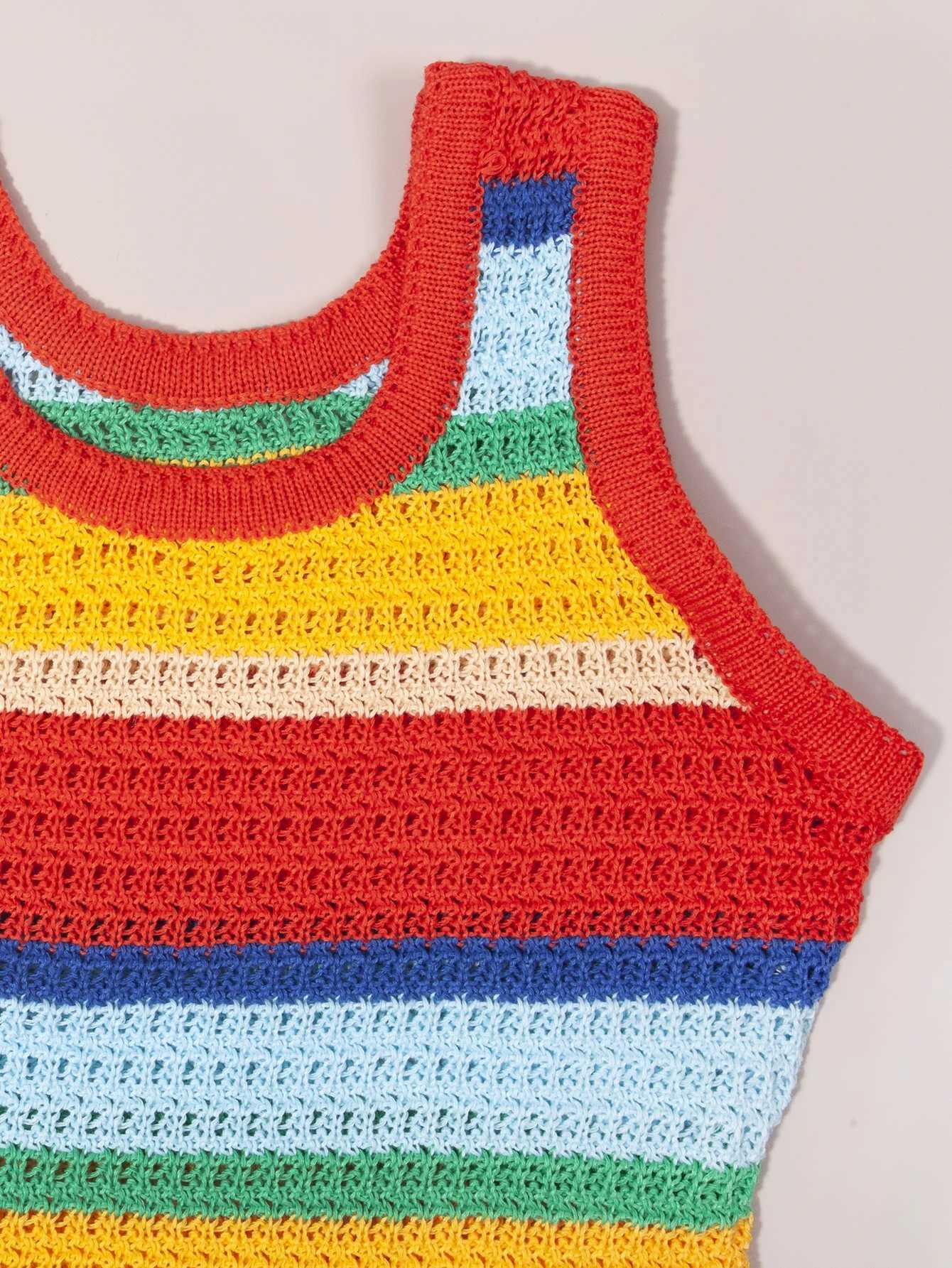 Women Panelled Striped Knitted Hollow Out Mini Dress Casual Tank Sleeveless Bodycon Hot Streetwear Outfit M260311