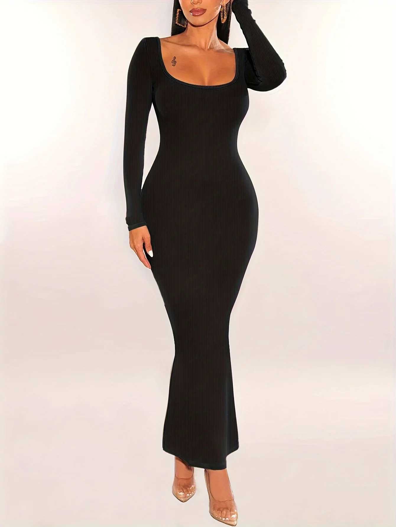 Women Ribbed Knit Long Sleeve Maxi Dress Slim Fit Solid Color Bodycon Pencil Long Dress Casual Fall Spring Clothes M260311