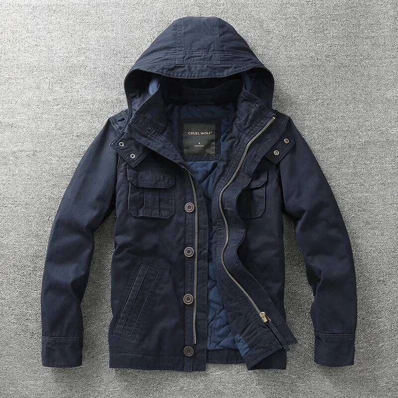 Men's Retro Denim Cargo Jacket: Hooded, Multi-Pocketed Camo - Ideal for Outdoor Hiking, Casual Wear & Fashion 26H0311