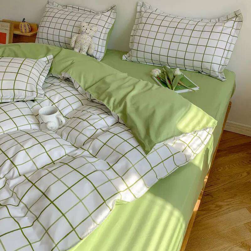 Fashion Bedding Set White Green Double Bed Linens Nordic Duvet Cover Pillowcase Queen Size Flat Sheet Classic Grid Kids Winter H260311