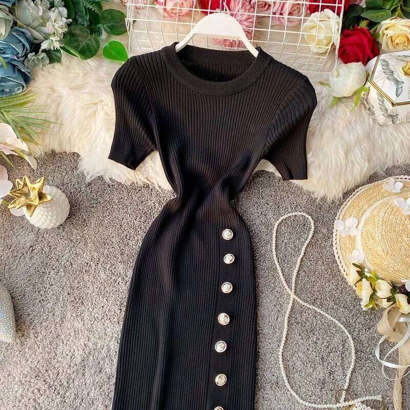 YuooMuoo Women European and American Fashion Short Sleeve Slimming Side Slit Knitted Mini Dress Streetwear Lady Outfits Z260311