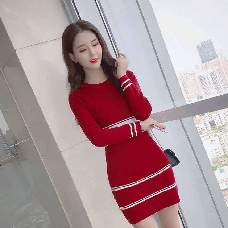 Autumn and Winter Mid-length Knitted Dress Slim Waist Striped Hip-hugging Pullover Sweater Bottoming Skirt for Women Z260311