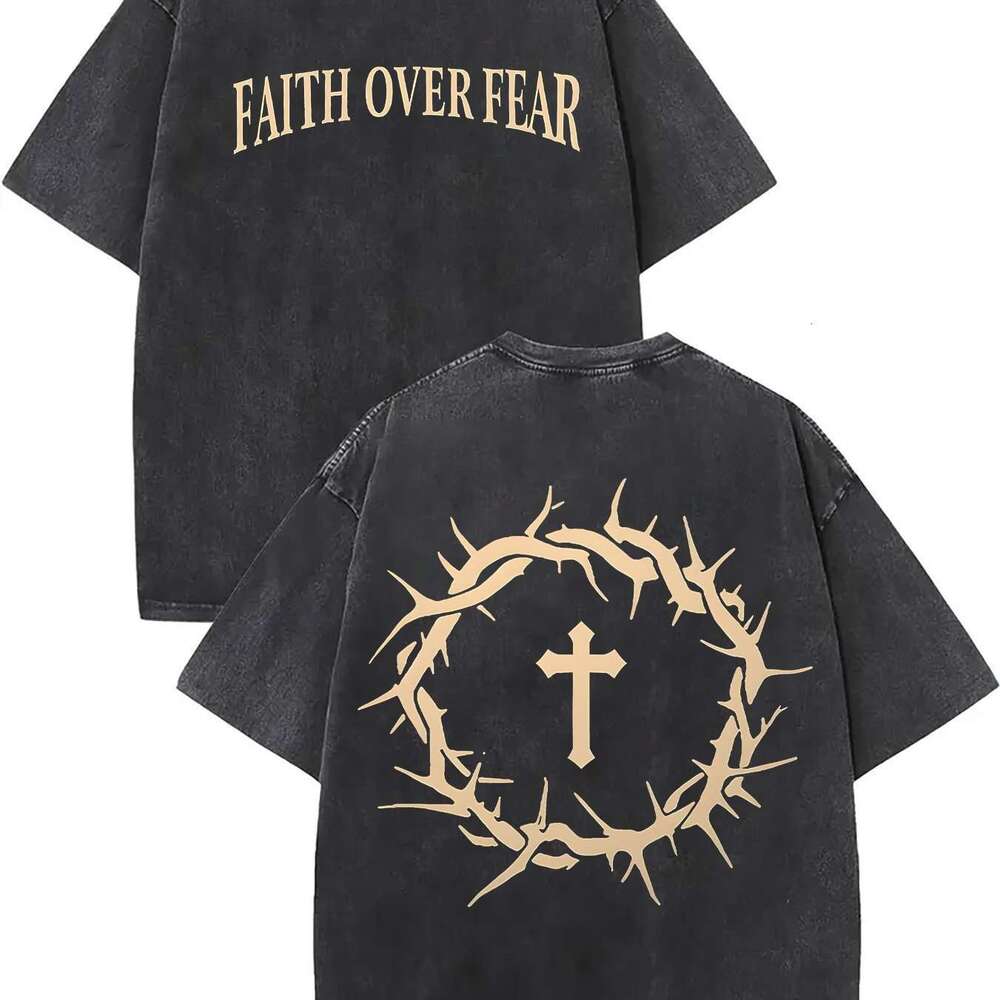 Washed Vintage Cotton T-Shirt Crown of Thorns &Cross Print Faith Over Fear Slogan Trendy Men's American Street Over sized Short Sleeve