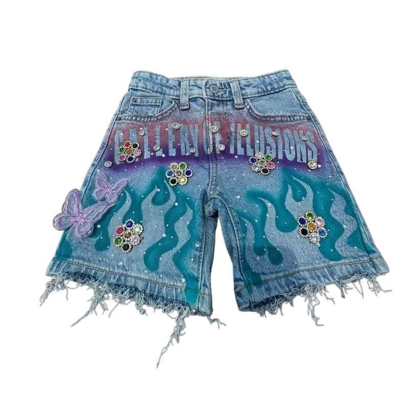 Men's Shorts Tassel Flame Print Pattern Rhinestone Butterfly Decoration Loose Denim Retro American Street Men Women Fashion Jeans Home Casual Men