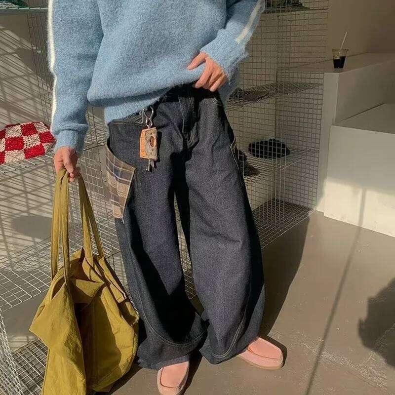 Autumn Vintage Design Large Pockets Curved Knife Workwear For Men'S High Street Jeans Y2k Wide Leg Pant Z260225