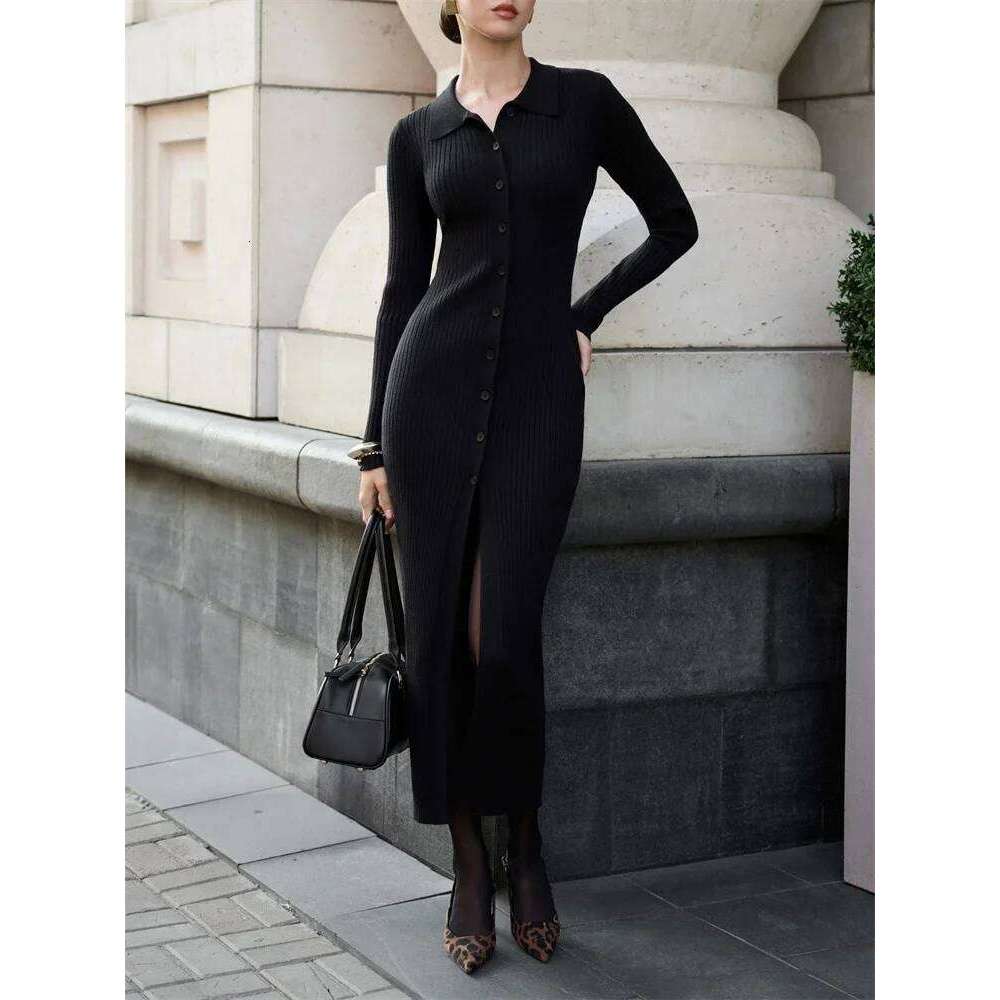 Autumn Knitwear Ribbed Maxi Female Patchwork Loose Sleeve Cardigan Lapel Knit Women's Casual Long Dress Z260311