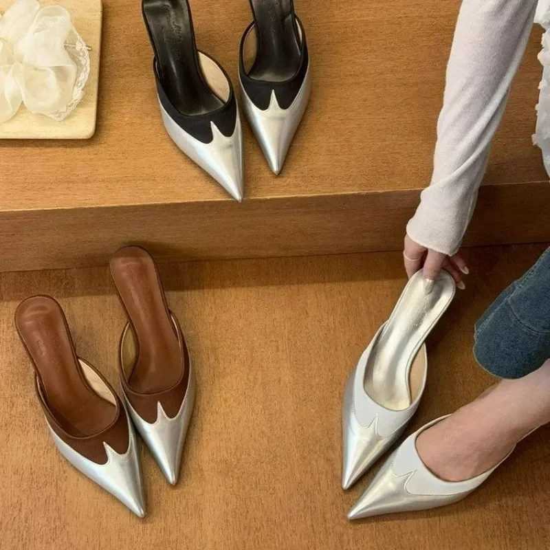 Elegant pointed stitched heart-shaped high heels mule womens 2025 silver black brown shoes designer high heels K260311