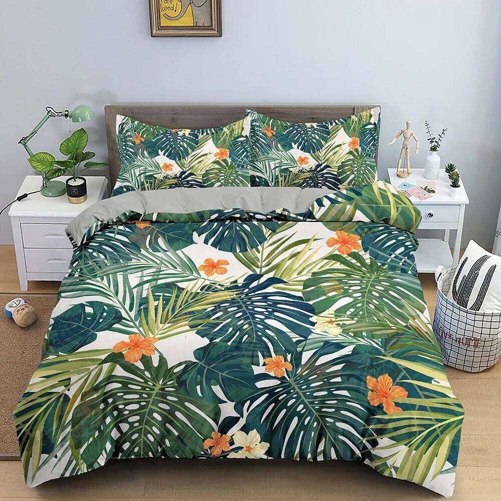 Tropical Plant Bedding Set Green Leaves Duvet with Zipper Closure Comforter Queen King Full Polyester Quilt Cover H260311