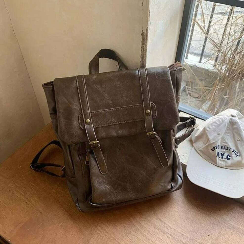 OLOEY Large Capacity Vintage Women Backpack PU Leather Preppy Student School Mochila Rucksack Shoulder Bag Female