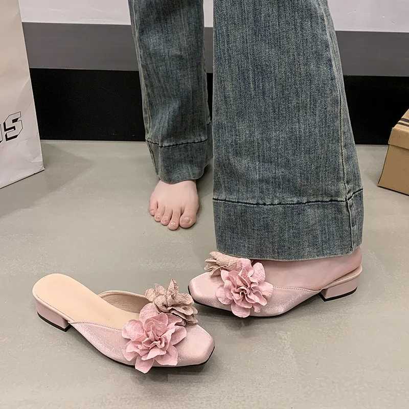 Flower High Heeled Sandals Designer Women Slippers Mules Shoes Elegant Square Toe Summer 2025 Dress Pumps Trend Chunky Mujer K260311